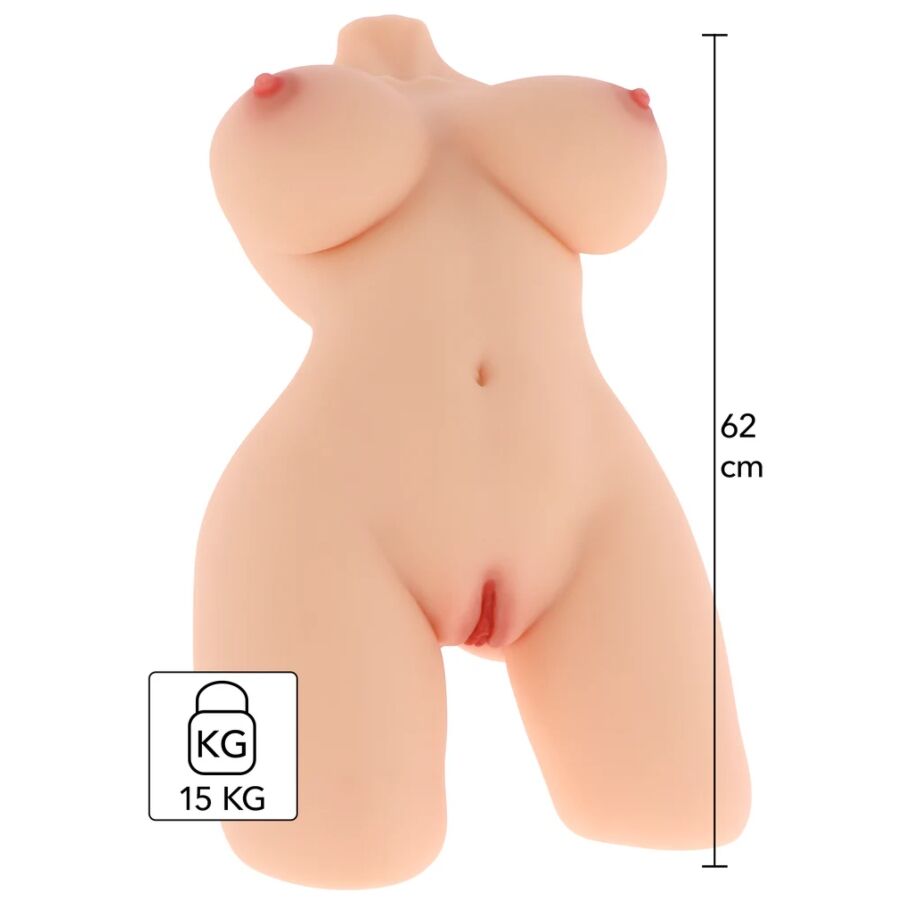 Torse masturbateur feminin en TPR, vue de face avec hauteur de 62 cm et poids de 15 kg, poitrine genereuse et orifice vaginal pour un realisme et une presence imposante.