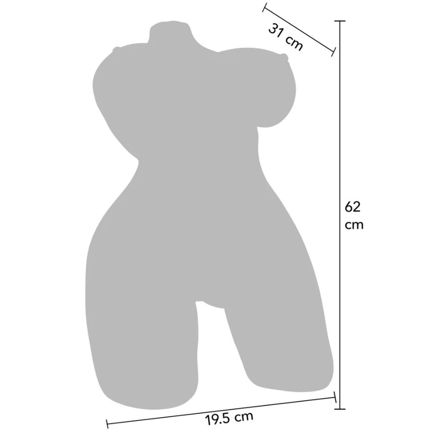 Schema technique du torse masturbateur Hidden Desire en silhouette grise, dimensions de 62 cm de haut, 31 cm et 19,5 cm pour visualiser l'encombrement de ce grand gabarit.