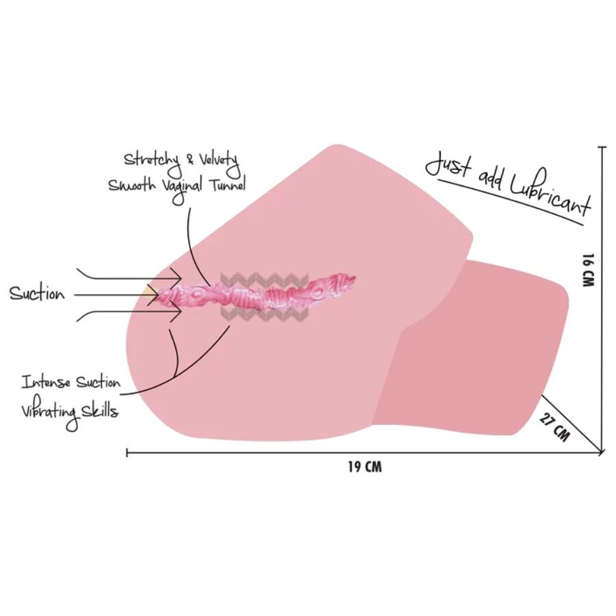 Schema illustratif du tunnel vaginal du masturbateur Hidden Desire, coupe rose pointant la succion intense et les billes vibrantes du canal veloute, sans corps realiste.