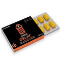 Boite Chicle Delay Wug a lisere orange avec blister de gommes a macher jaunes, complement alimentaire homme au maca et a l'angelique pour le bien-etre intime
