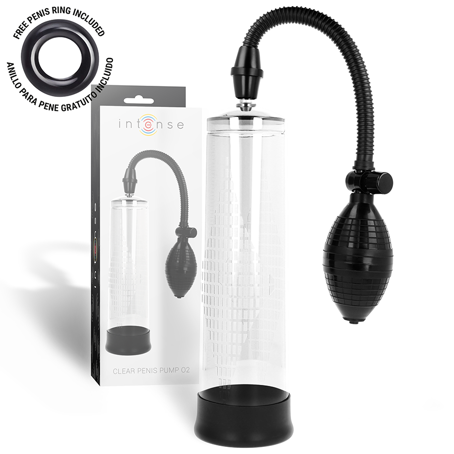 Boite Intense Clear Penis Pump et sa pompe a cylindre transparent, tuyau et poire de pompage, anneau penien offert, dispositif d'aspiration pour developper l'erection.