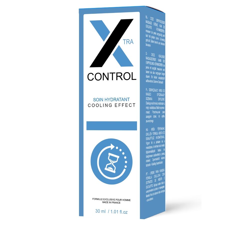 Boîte Crème X Control vue de trois quarts, packaging bleu avec mentions multilingues