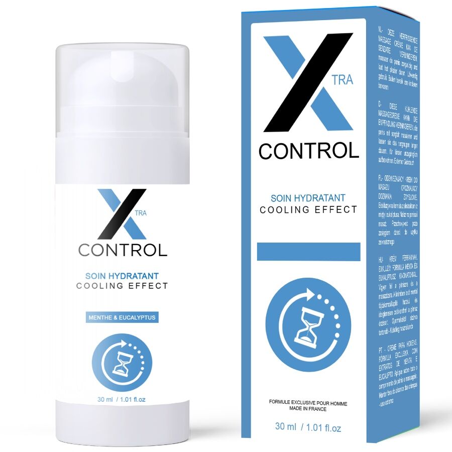 Flacon pompe et boîte Crème X Control, packaging blanc et bleu, vue de face côte à côte