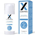 Flacon pompe et boîte Crème X Control, packaging blanc et bleu, vue de face côte à côte