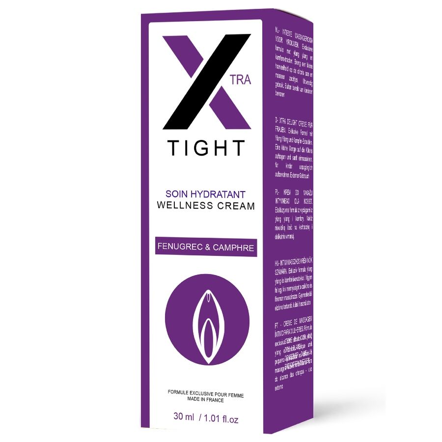 Boîte Xtra Tight vue de trois quarts, packaging violet avec mentions multilingues