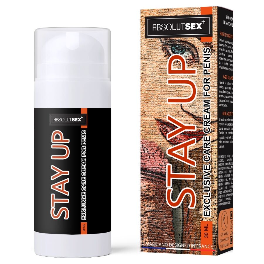 Flacon pompe et boîte Stay Up AbsolutSex, crème retardante pour homme, packaging noir et orange, vue de face côte à côte