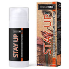 Flacon pompe et boîte Stay Up AbsolutSex, crème retardante pour homme, packaging noir et orange, vue de face côte à côte