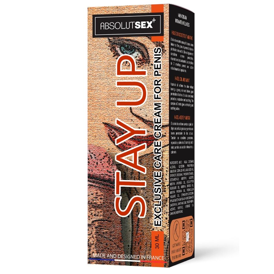 Boîte Stay Up AbsolutSex vue de trois quarts, packaging illustré motif visage stylisé
