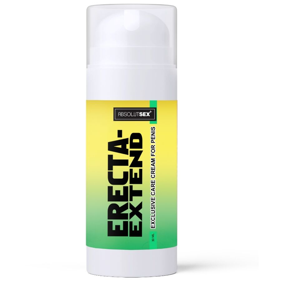 Flacon pompe Erecta Extend AbsolutSex seul, vue de face, packaging dégradé jaune et vert