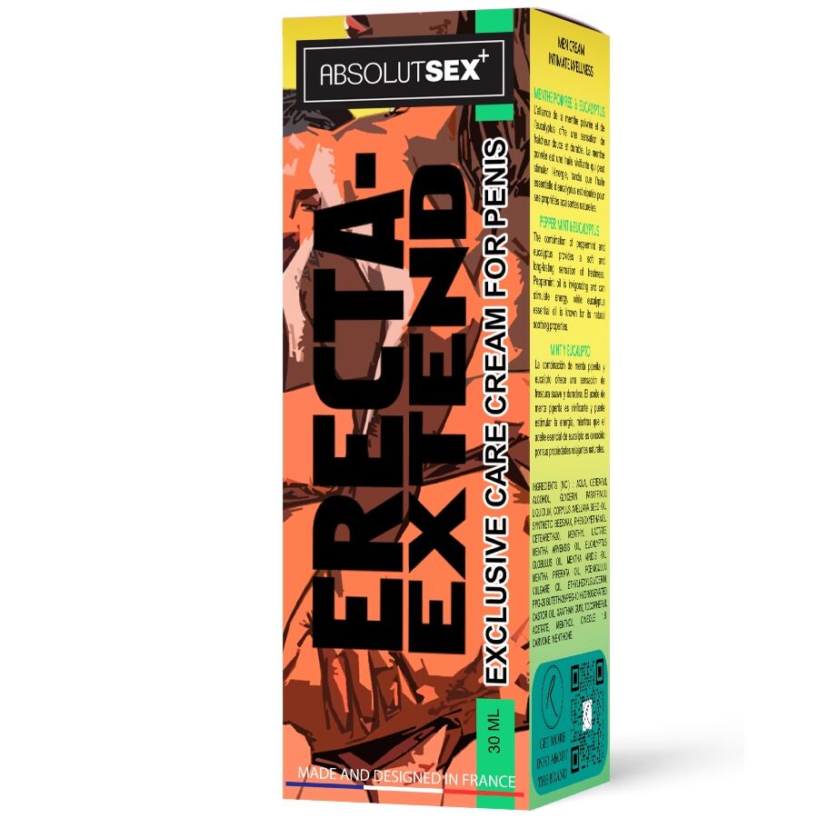 Boîte Erecta Extend AbsolutSex vue de trois quarts, packaging illustré orange motif graphique
