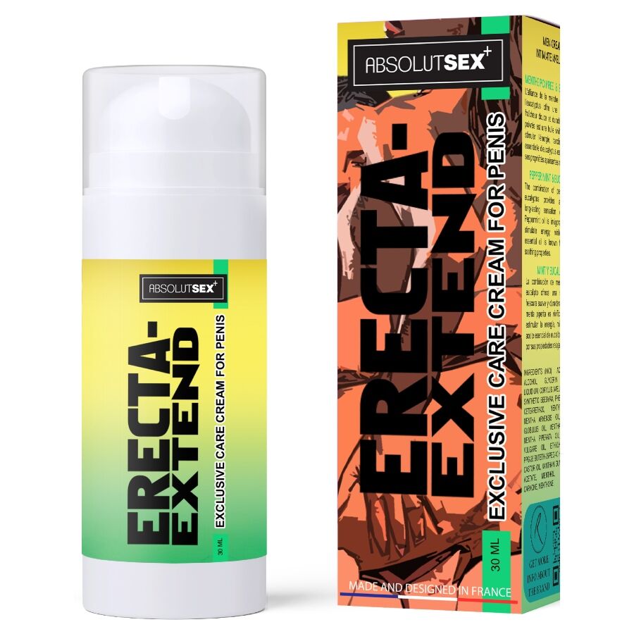 Flacon pompe et boîte Erecta Extend AbsolutSex, crème retardante pour homme, packaging jaune et vert dégradé, vue de face côte à côte