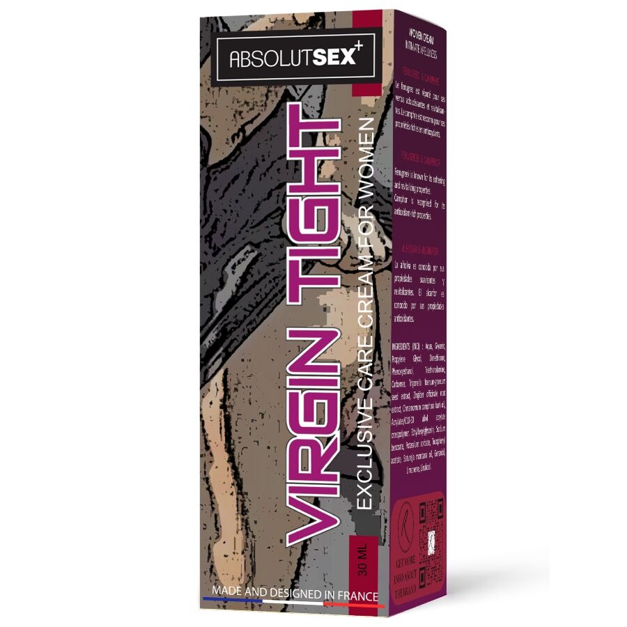 Boîte Virgin Tight AbsolutSex vue de trois quarts, packaging motif marbré beige et gris