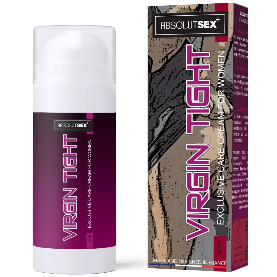 Flacon pompe et boîte Virgin Tight AbsolutSex, crème raffermissante vaginale, packaging bordeaux et motif marbré, vue de face côte à côte