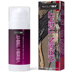 Flacon pompe et boîte Virgin Tight AbsolutSex, crème raffermissante vaginale, packaging bordeaux et motif marbré, vue de face côte à côte