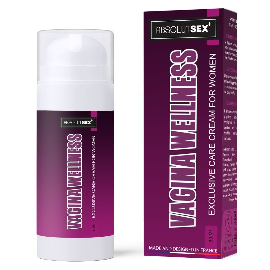Flacon pompe et coffret de la crème intime Vagina Wellness Absolutsex+, packaging violet, 30 ml, vue de face