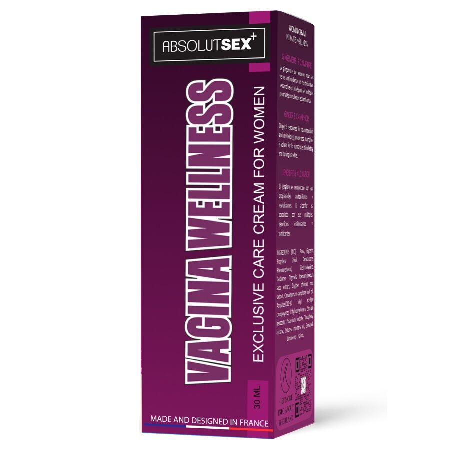 Coffret violet de la crème intime Vagina Wellness vu de trois-quarts, texte des ingrédients visible sur le côté