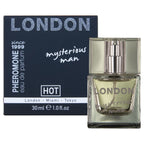 Parfum homme aux pheromones London Mysterious Man 30 ml de Hot : flacon en verre devant son etui bleu nuit, accord boise raffine a la bergamote et au cedre.