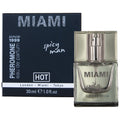 Parfum homme aux pheromones Miami Spicy Man 30 ml Hot : flacon en verre devant son etui bleu, fragrance solaire au pamplemousse et accords marins.