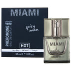 Parfum homme aux pheromones Miami Spicy Man 30 ml Hot : flacon en verre devant son etui bleu, fragrance solaire au pamplemousse et accords marins.