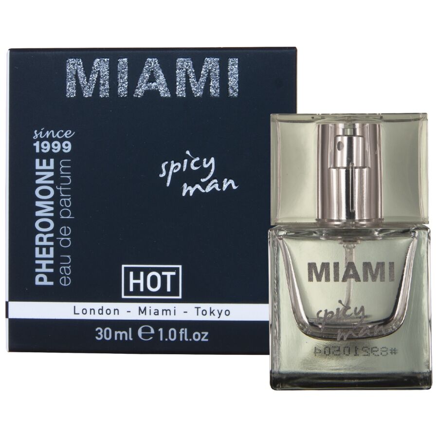 Parfum homme aux pheromones Miami Spicy Man 30 ml Hot : flacon en verre devant son etui bleu, fragrance solaire au pamplemousse et accords marins.