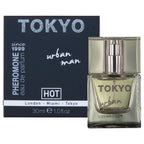 Parfum homme aux pheromones Tokyo Urban Man 30 ml Hot : flacon en verre devant l'etui bleu nuit, signature urbaine a la mandarine et menthe poivree.