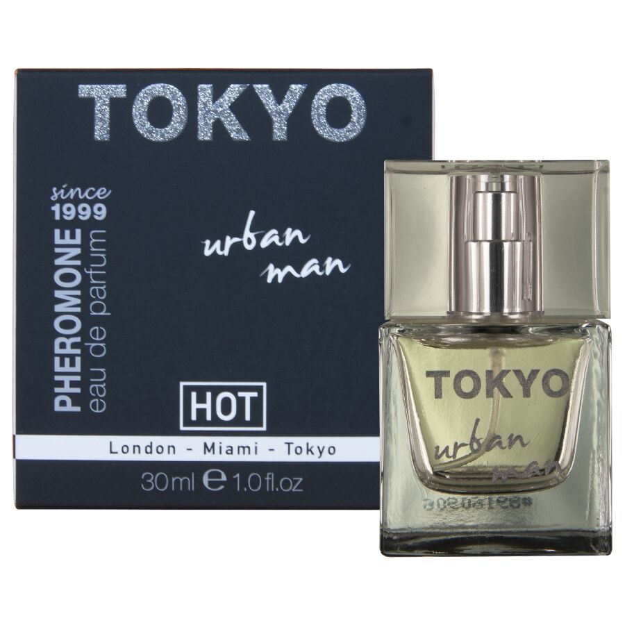 Parfum homme aux pheromones Tokyo Urban Man 30 ml Hot : flacon en verre devant l'etui bleu nuit, signature urbaine a la mandarine et menthe poivree.