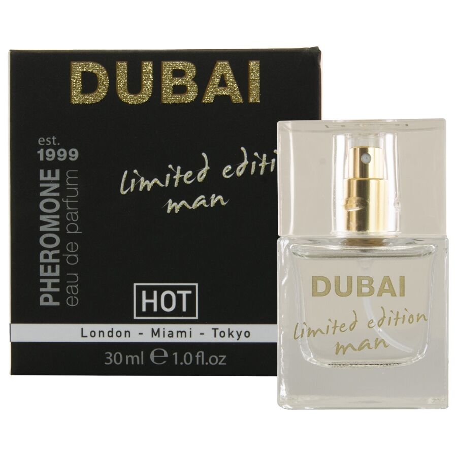 Parfum homme aux pheromones Dubai Limited Edition 30 ml Hot : flacon devant l'etui noir dore, signature opulente a la bergamote et au poivre rose.