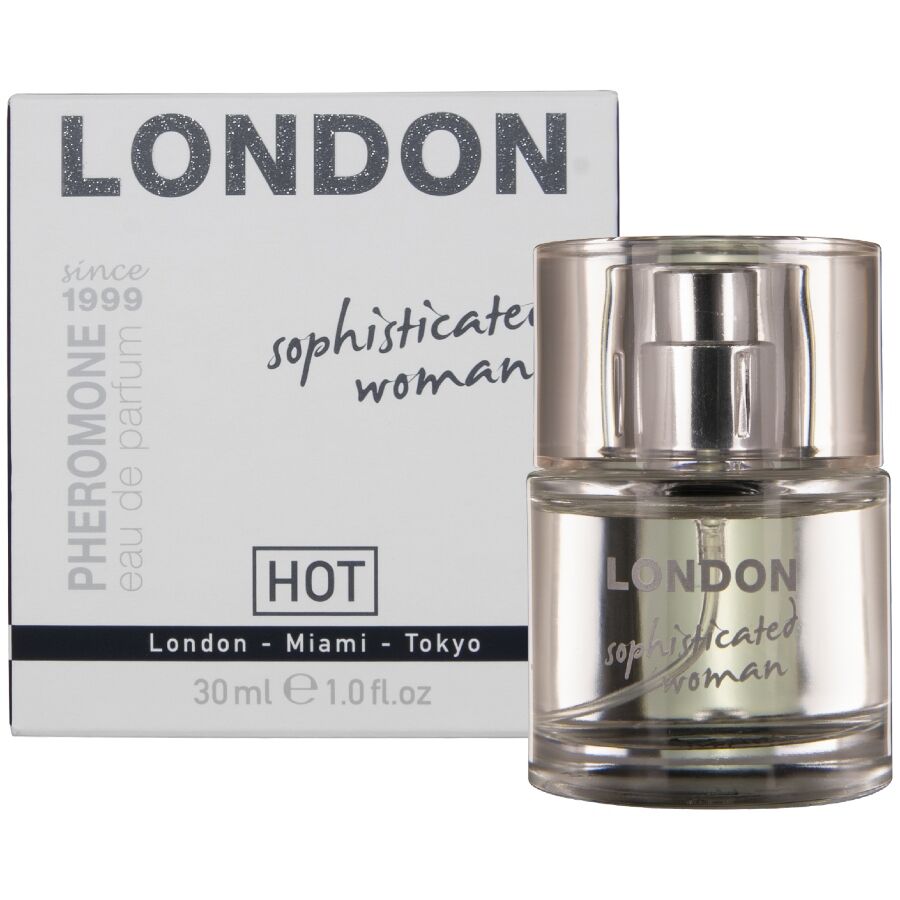 Parfum femme aux pheromones London Sophisticated Woman 30 ml Hot : flacon devant l'etui clair, signature florale a l'agrume et au jasmin.
