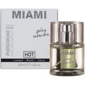 Parfum femme aux pheromones Miami Spicy Woman 30 ml Hot : flacon dore devant l'etui clair, signature florale et solaire aux agrumes vifs.