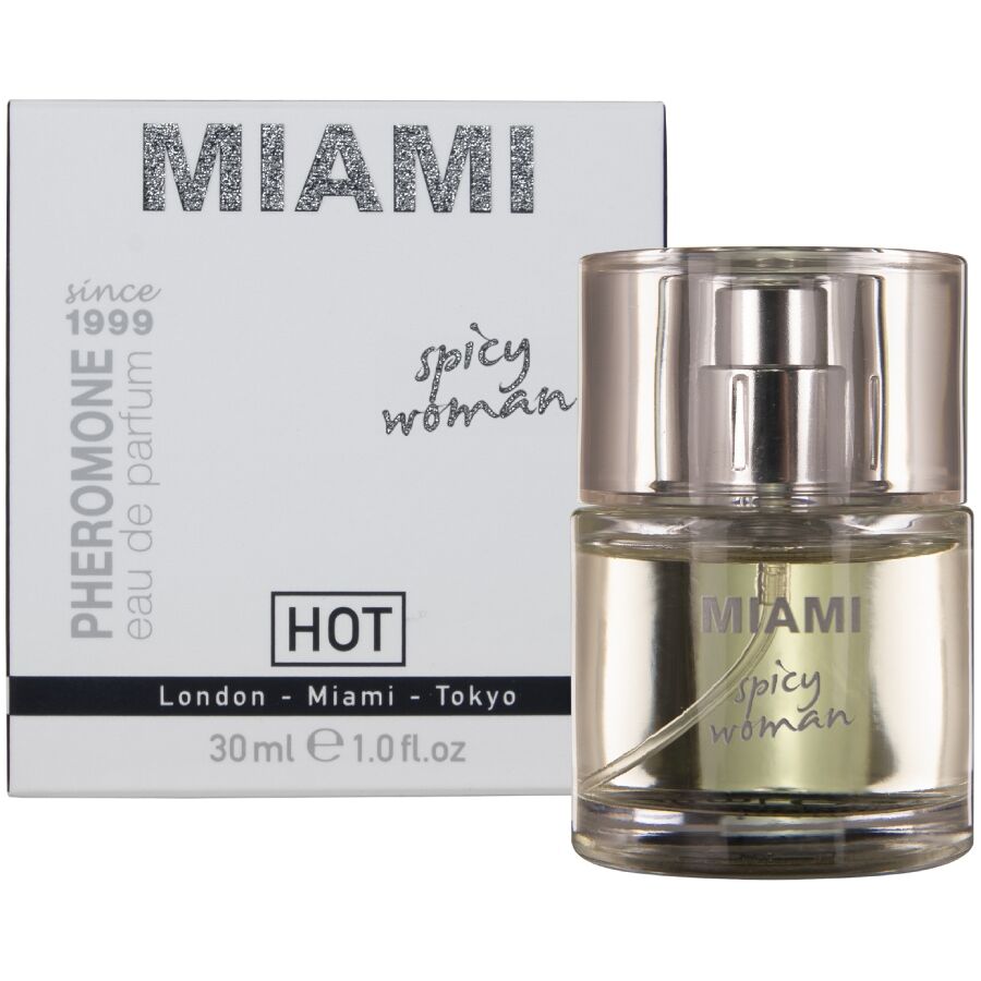Parfum femme aux pheromones Miami Spicy Woman 30 ml Hot : flacon dore devant l'etui clair, signature florale et solaire aux agrumes vifs.