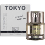 Parfum femme aux pheromones Tokyo Sensual Woman 30 ml Hot : flacon dore devant l'etui clair, notes florales et fruitees au neroli et jasmin.