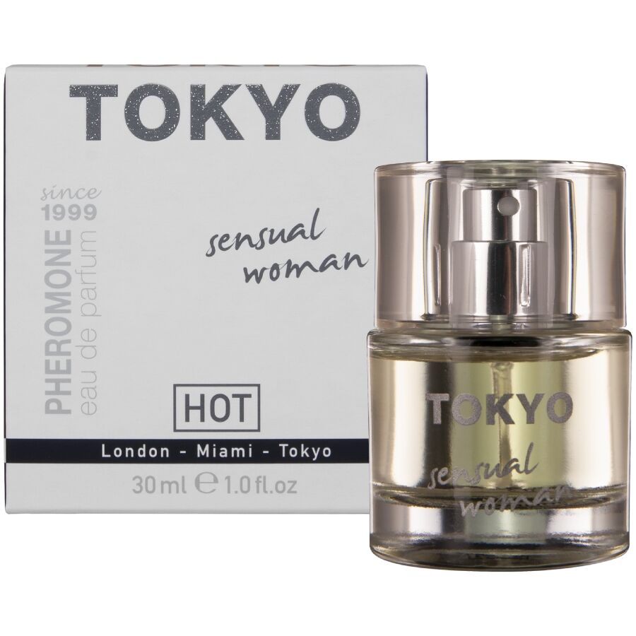Parfum femme aux pheromones Tokyo Sensual Woman 30 ml Hot : flacon dore devant l'etui clair, notes florales et fruitees au neroli et jasmin.