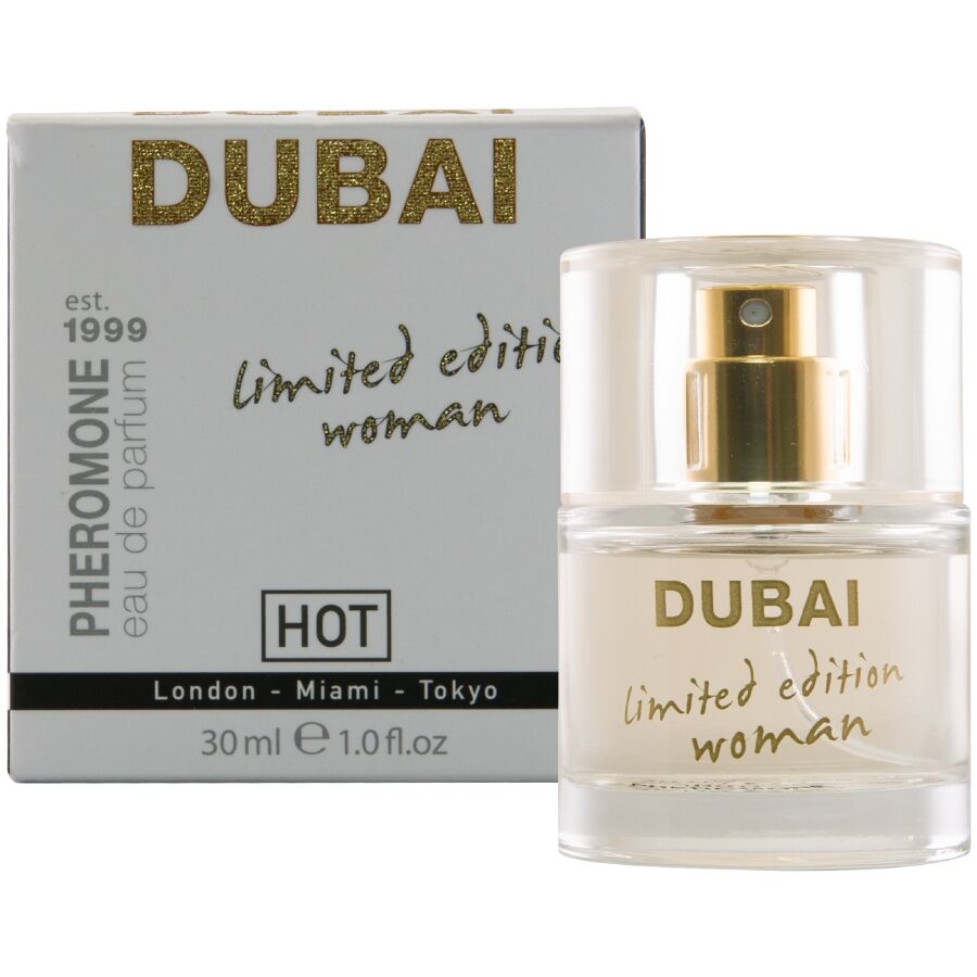 Parfum femme aux pheromones Dubai Limited Edition Woman 30 ml Hot : flacon clair devant l'etui noir dore, accord oriental aux agrumes et vanille.