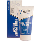 Boite et tube de la creme V-Activ Penis Power Cream HOT pour homme, format 50 ml, packaging bleu avec logo masculin, vue de face groupee sur fond blanc.