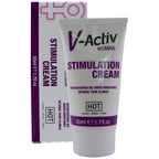 Boite et tube de la creme stimulante V-Activ Woman Stimulation Cream HOT, format 50 ml, packaging violet avec symbole feminin, vue de face groupee.