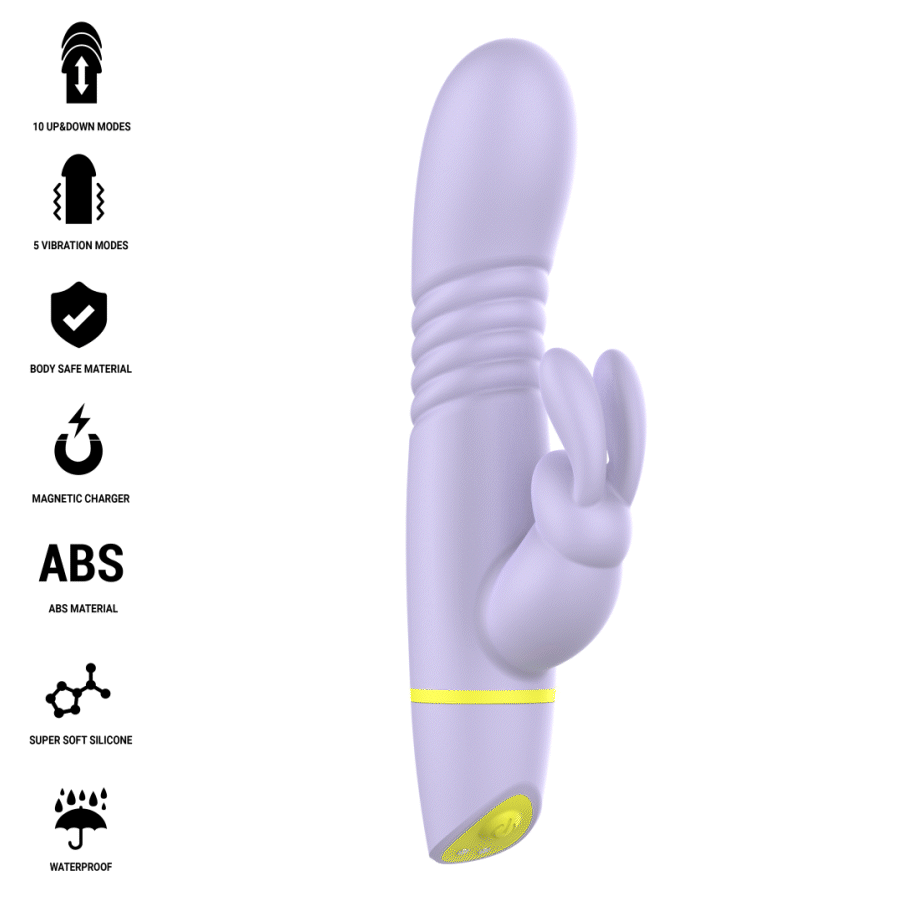 Vibromasseur rabbit Helen violet en silicone, tige texturee a anneaux et oreilles de lapin clitoridiennes, embase jaune, va-et-vient et vibration double stimulation