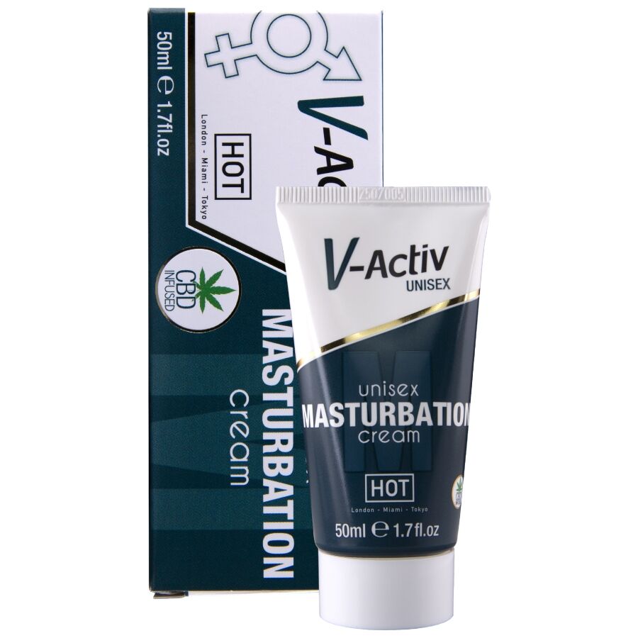 Boite et tube de la creme de masturbation V-Activ Unisex au CBD HOT, format 50 ml, packaging sombre et symboles mixtes, vue de face groupee sur fond blanc.