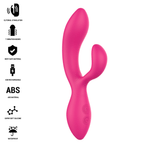 Stimulateur Charly rose fuchsia vu de face avec liste des pictogrammes (stimulation clitoridienne, 7 modes, matiere sure, USB, ABS, silicone, etanche)