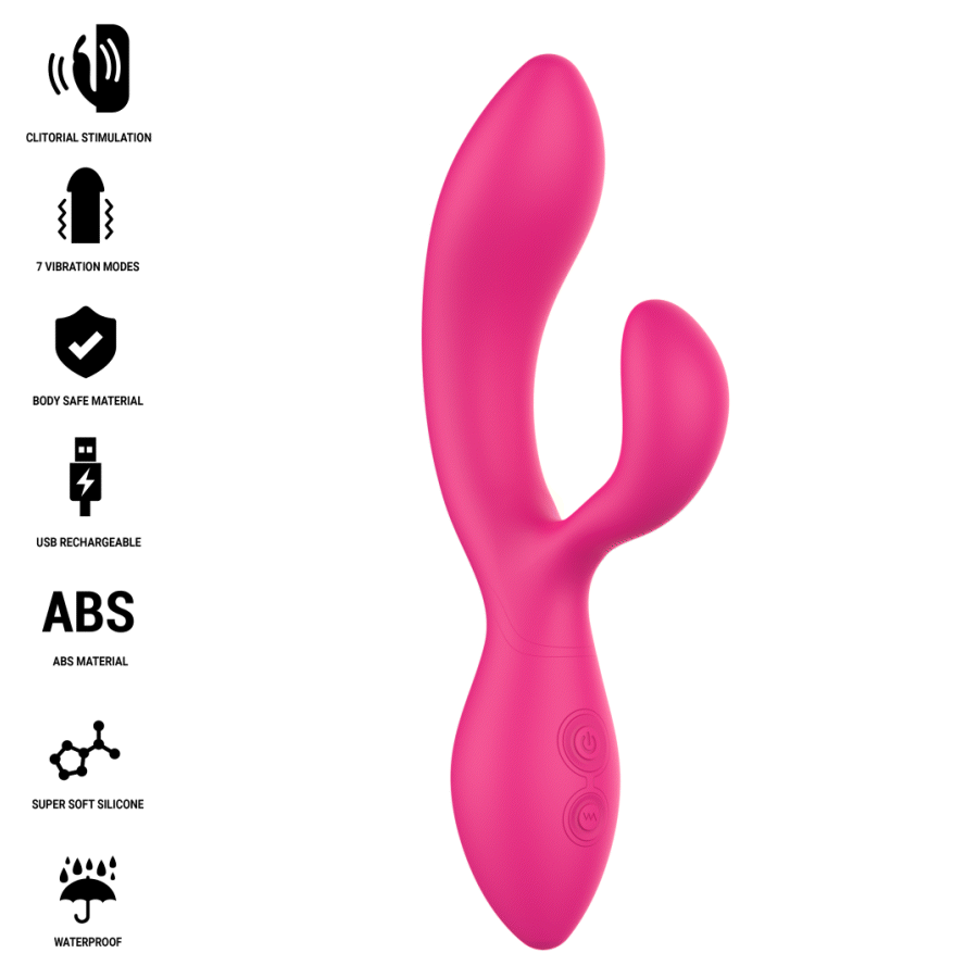 Stimulateur Charly rose fuchsia vu de face avec liste des pictogrammes (stimulation clitoridienne, 7 modes, matiere sure, USB, ABS, silicone, etanche)