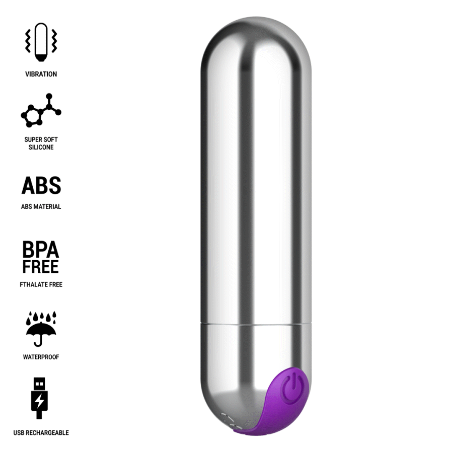 Mini vibromasseur bullet Karen chrome Intense avec pictogrammes vibration, ABS, sans BPA et USB, embout violet, jouet compact pour stimuler le clitoris.