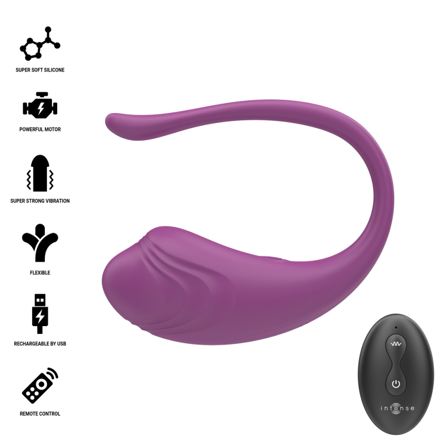 Oeuf vibrant Olivia Intense en silicone violet a tige courbe, accompagne de sa telecommande noire et des pictogrammes silicone doux, moteur puissant et USB