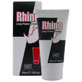 Boite et tube blancs de la creme retardante Rhino Long Power HOT pour homme, format 30 ml, logo rhinoceros rouge, au ginkgo, vue de face groupe.