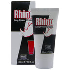 Boite et tube blancs de la creme retardante Rhino Long Power HOT pour homme, format 30 ml, logo rhinoceros rouge, au ginkgo, vue de face groupe.