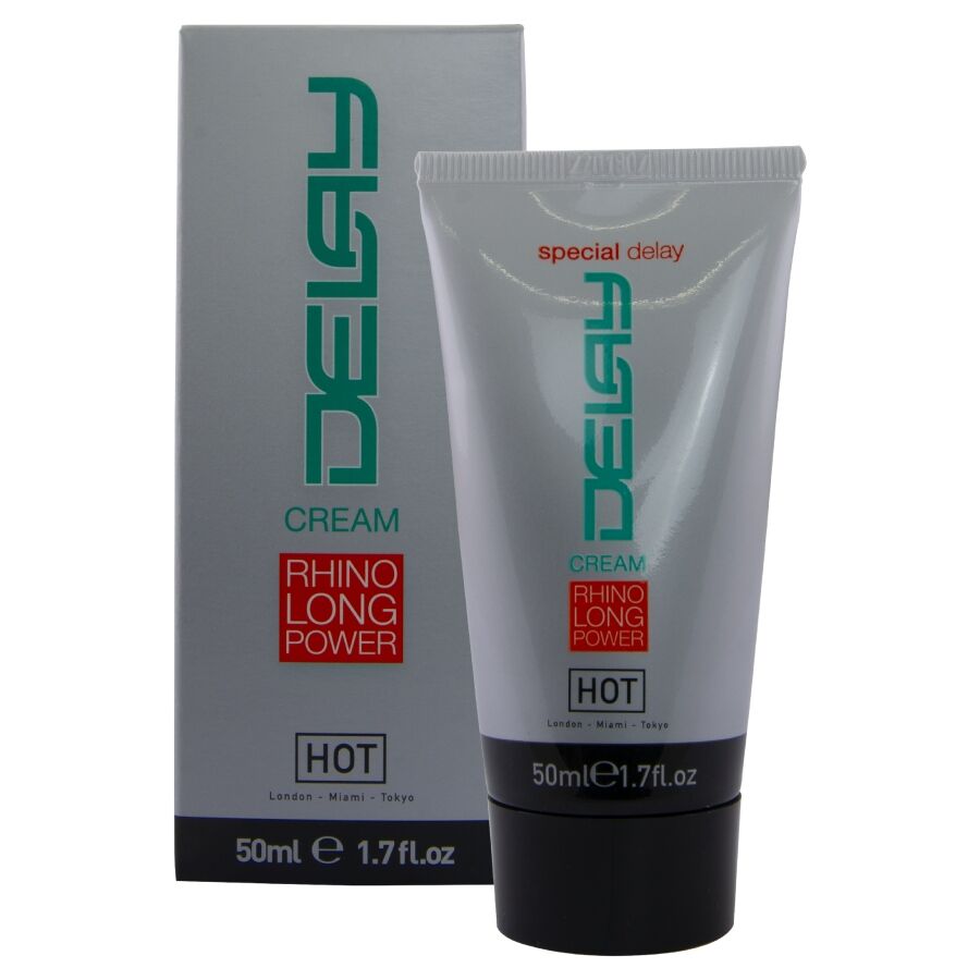 Boite et tube gris de la creme retardante Delay Cream Rhino Long Power HOT, format 50 ml, lettrage vert special delay, vue de face groupee sur fond blanc.