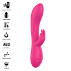 Stimulateur Tammy rose fuchsia vu de face avec liste des pictogrammes (stimulation clitoridienne, 9 modes, chauffe 39 degres, recharge magnetique, ABS, silicone, etanche)