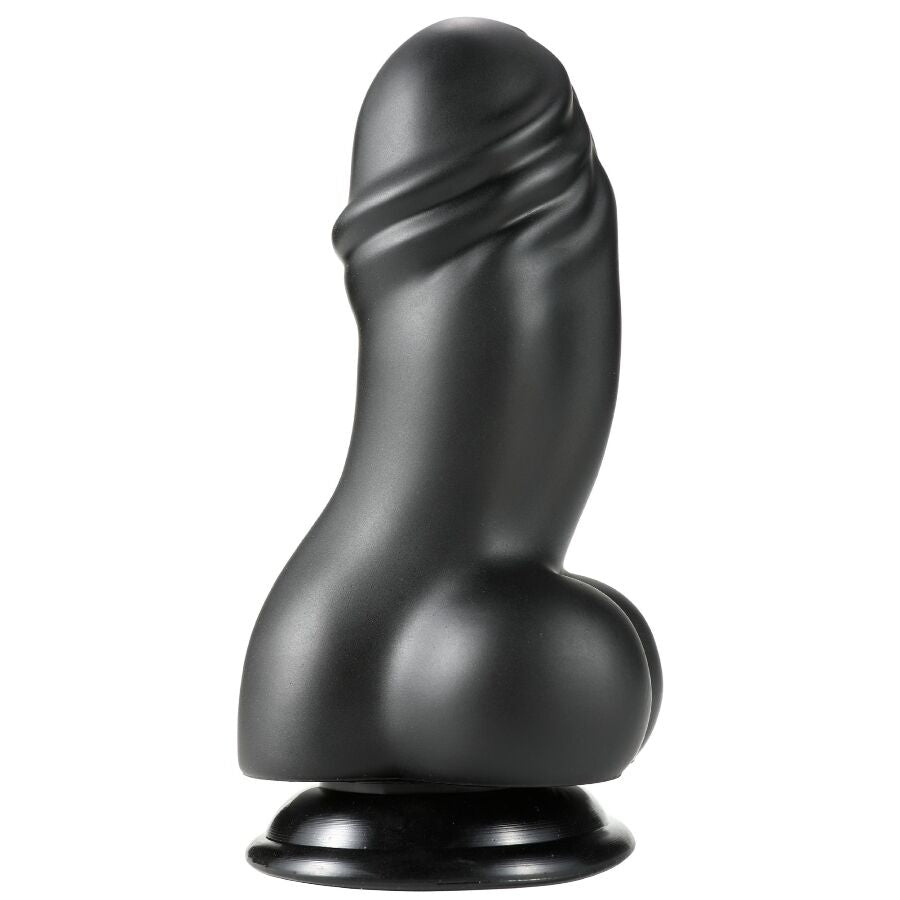Gode XXL en PVC noir vu de face, gland charnu et bourses moulees sur ventouse, fut large et veine pour une presence interne intense et tres realiste.