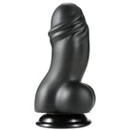 Gode XXL en PVC noir vu de face, gland charnu et bourses moulees sur ventouse, fut large et veine pour une presence interne intense et tres realiste.