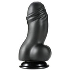 Gode XXL extra-epais en PVC noir vu de face, gland marque, veines et testicules moules sur ventouse, courbure prononcee pour une stimulation interne profonde.