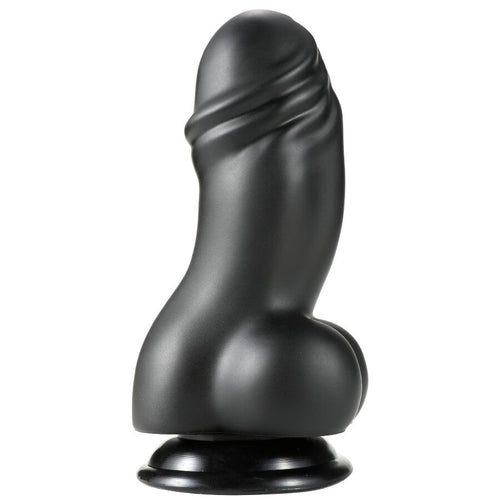 Gode XXL extra-epais en PVC noir vu de face, gland marque, veines et testicules moules sur ventouse, courbure prononcee pour une stimulation interne profonde.