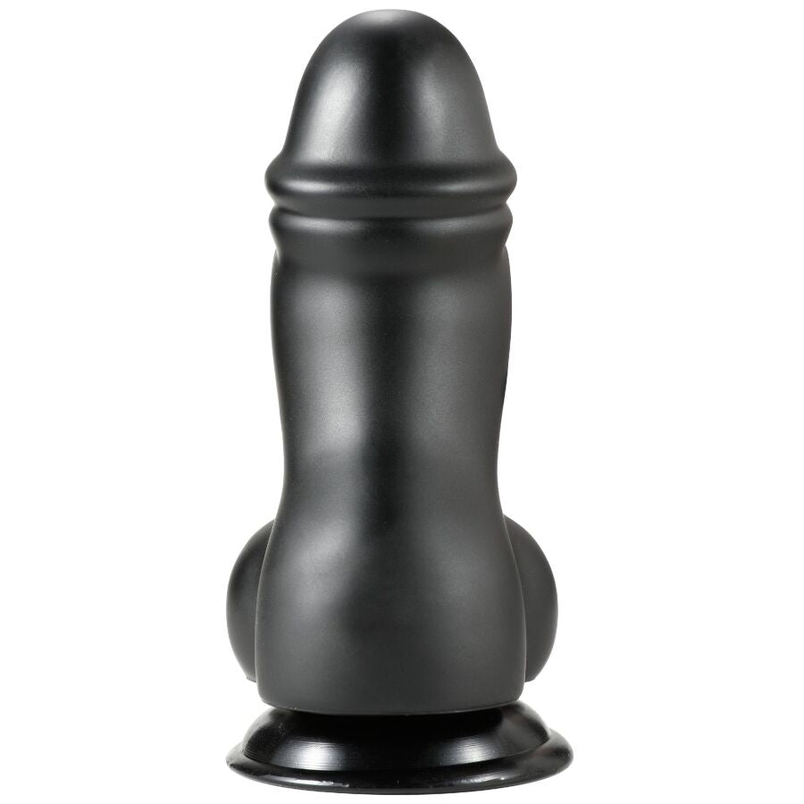 Gode XXL epais en PVC noir vu de face, gland nettement dessine et fut large sur ventouse, courbure douce pensee pour une penetration profonde et enveloppante.